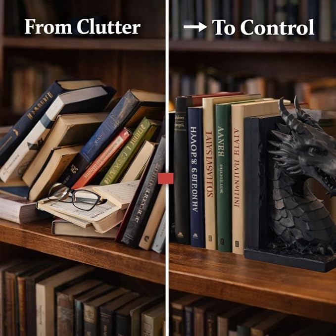 Dragon Bookends Set of 2 - Light Weight - Fantasy Dragon Book Ends for Shelves, Gothic Dragon Bookshelf Decor, Decorative Bookends for Home Office, Book Organizer for Fantasy Lovers