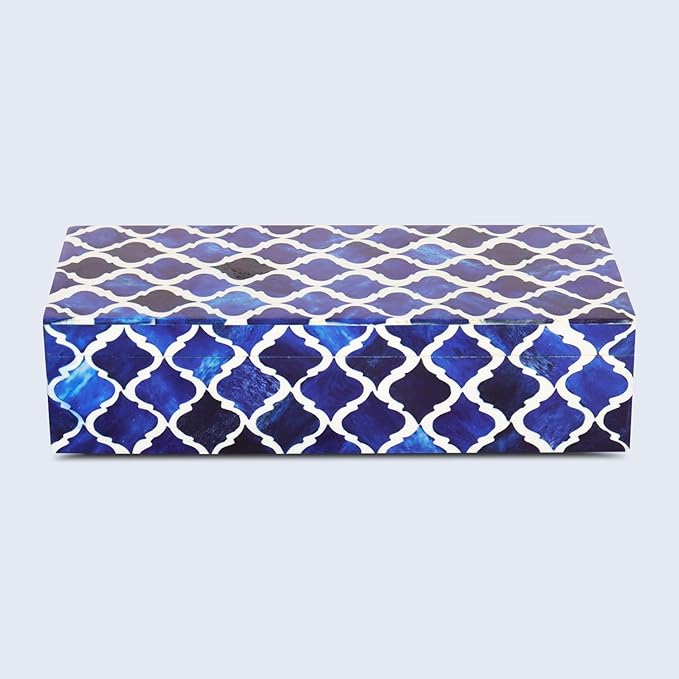 Handicrafts Home Decorative Storage Box with Lid, Moroccan Coffee Table Storage Box Organizer, Wooden Keepsake Jewelry Box, Decorative Desk Console Storage Box, Blue, 10 x 4.5 x 2.5