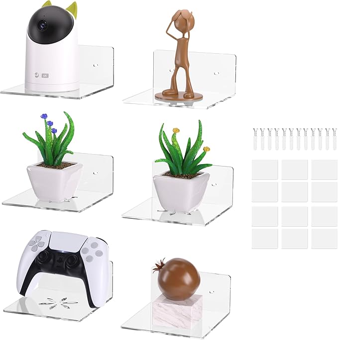 Acrylic Wall Shelves,Clear 6 inch Floating Shelves for Display,Echo,Cameras,Speaker,Router Wall Mounted Transparent Small Invisible Shelves with Adhesive Bedroom Bathroom Living Room