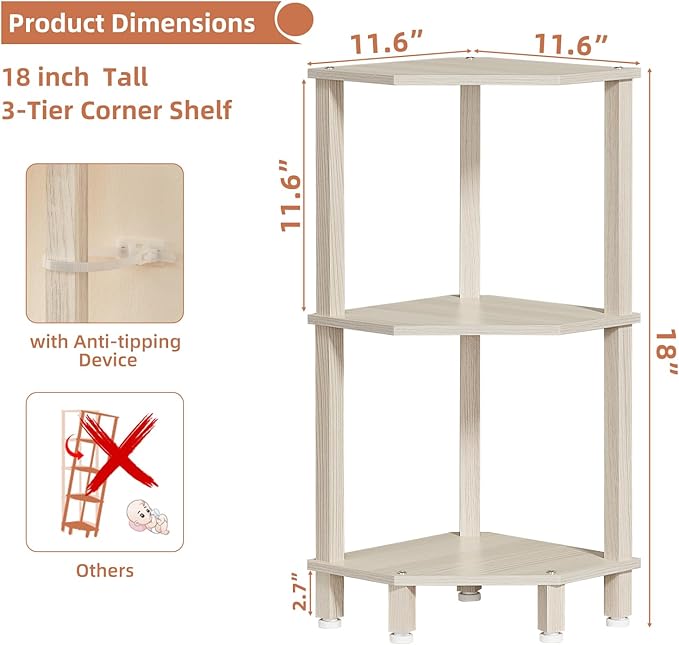YUFAM 3-Tier Corner Shelf with Sturdy 5-Leg Base, 29in Tall Narrow Bookcase for Small Spaces, Wooden Plant Display Shelf, Thin Bookshelf for Living Room, Bedroom, Office, Grey White