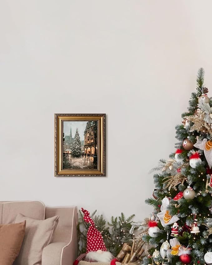KBKBART Framed Canvas Wall Art 'Vintage Christmas Tree' Painting, Retro Farmhouse Artwork, Winter Mood Snow Picture, For Living Room & Bathroom Wall Decor - 9'x12'