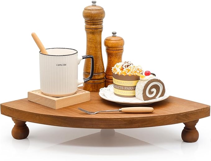 Corner Counter Wood Shelf, Rustic Pedestal Stand, Farmhouse Corner Shelves Stand, Tray Riser for Coffee Bar, Bathroom Countertop Organizer Corner, Centerpiece Display Riser for Kitchen (Wooden)