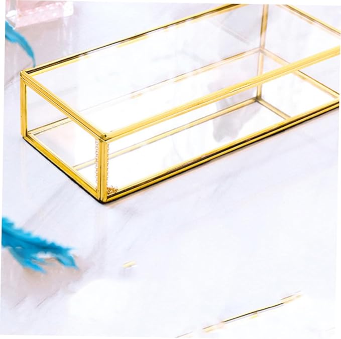 POPETPOP Vintage Golden-edged Glass Jewelry Box Organizer with Geometric Design, Wedding Jewelry Storage Holder for Desktop Display and Makeup Accessories