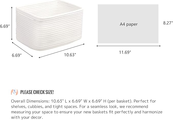 R RUNKA Small Cotton Rope Basket – Storage Bin for Organizing (10.6" x 6.7" x 6.7"), Bathroom Storage Basket for Shelf, Counter & Closet（White）