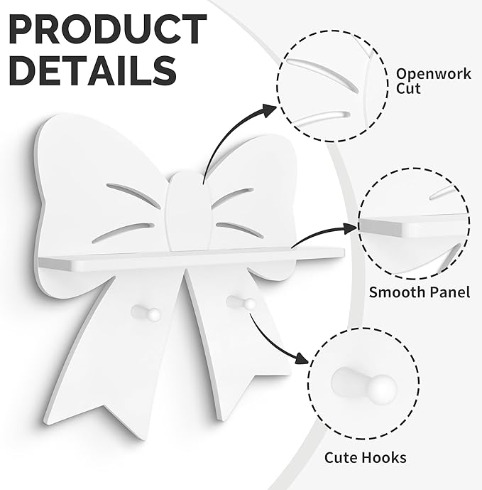 Bow Shaped Floating Shelf with Hooks - Cute White Wooden Wall Decor for Girls Nursery & Bedroom, Trinket Display Organizer