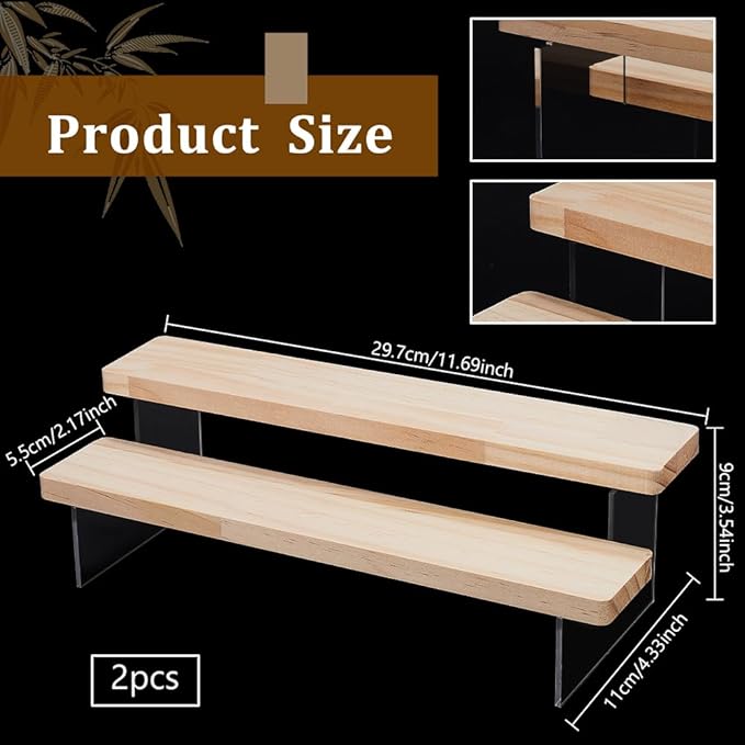 NBEADS 2-Tier Wooden Display Riser Shelf, Blanched Almond Tabletop Small Model Stand Risers Acrylic Display Makeup Step Perfume Organizer for Cosmetics Figure Collection, 11.7x4.3x3.5inch