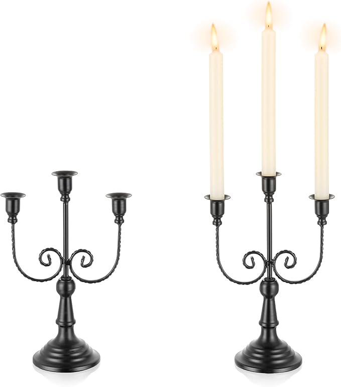 Romadedi Candelabra Black Candle Holders: 3 Arm Halloween Candlestick Holder 11.8" Gothic Home Decor for Party Table Centrepiece Mantel Christmas, Set of 2