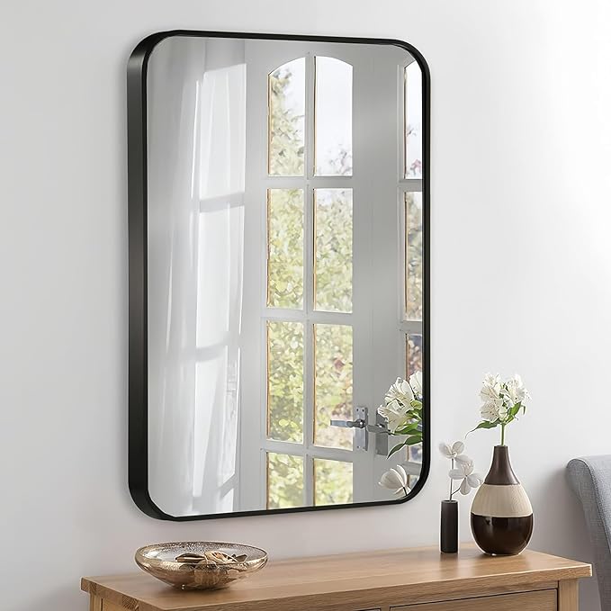 16x24 Inch Black Wall Mirror for Bathroom, Brushed Metal Framed Mirror with Rounded Corner, Rectangle Bathroom Vanity Mirror for Bedroom or Living Room, Horizontal/Vertical