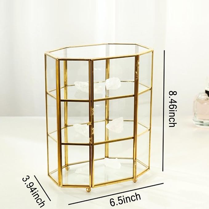 Clear Glass Storage Box, Glass Display Case, Three Layer Jewelry Case, Makeup Box, Keepsake Organizer, Multifunctional Display Cabinet for Vanity Decor Home Dresser, Gold ﻿