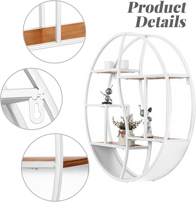 Round Wall Shelf,24 inch Metal Circle Wood Floating Shelves,Rustic White Wall Mounted Display Organizer Shelf for Fireplace,Living Room,Bathroom