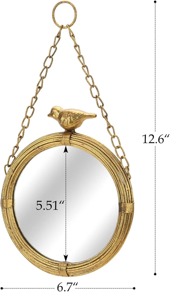 NIKKY HOME 6.7 Inch Decorative Small Hanging Mirrors Vintage Round Metal Framed Wall Mounted Mirror Decor with Bird for Bathroom Living Room Office, Rustic Gold