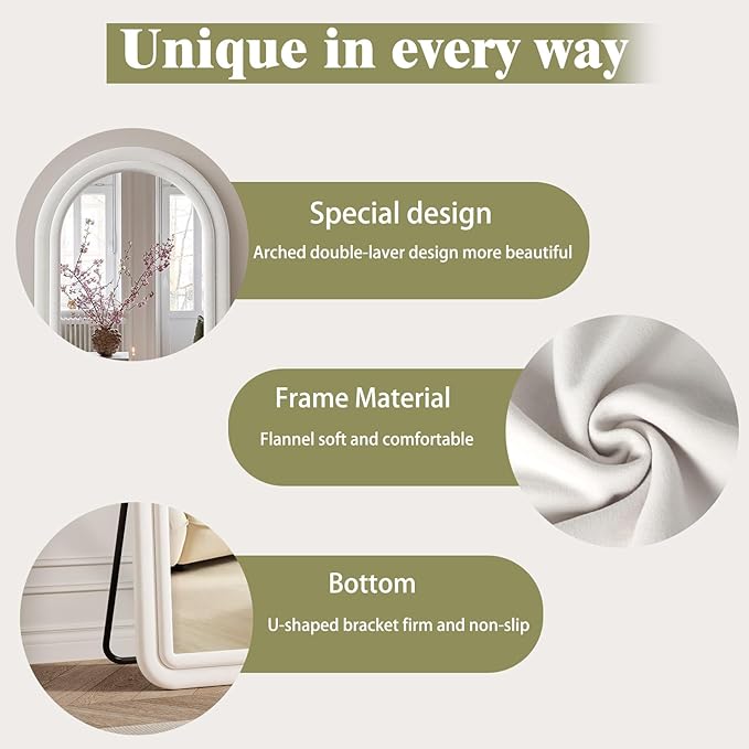 Koonmi 56"x24" Full Length Mirror, Flannel Wall Mirrors, Velvet Arched Full Body Mirror with Stand, Hanging or Leaning Against Wall for Bedroom Living Room, White