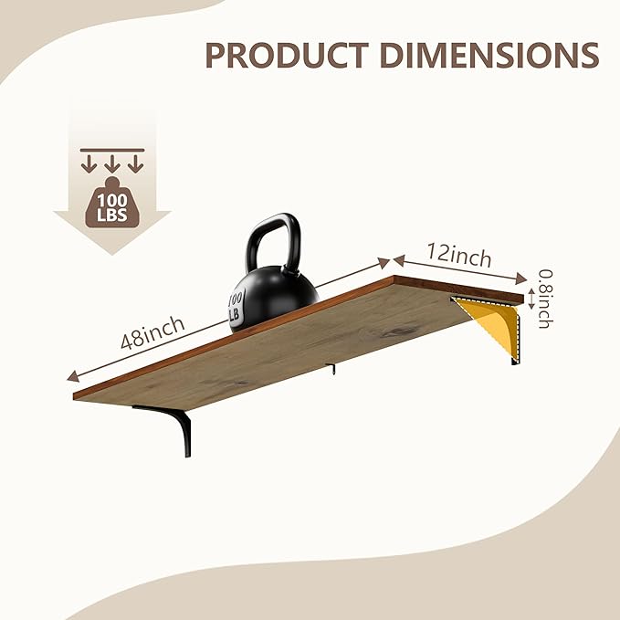 12 Inch Deep Floating Shelves Set of 3, 48 Inch Extra Wide Rustic Walnut Solid Wood Wall Shelves, 4ft Heavy Duty Farmhouse Wall Mounted Shelving for Kitchen, Living Room & Bedroom