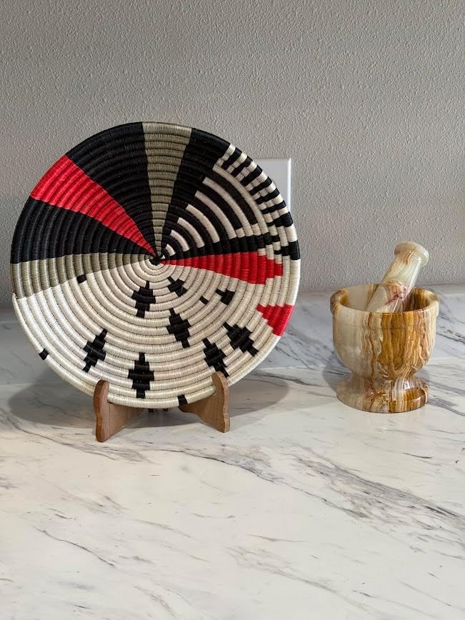 Handwoven African Basket Handmade sisal Fruit Bowl Wall Hanging decorative Baskets for Home Living Room Kitchen Centerpiece Zen Designs Arts and Crafts (Green Black White, 8in diameter)