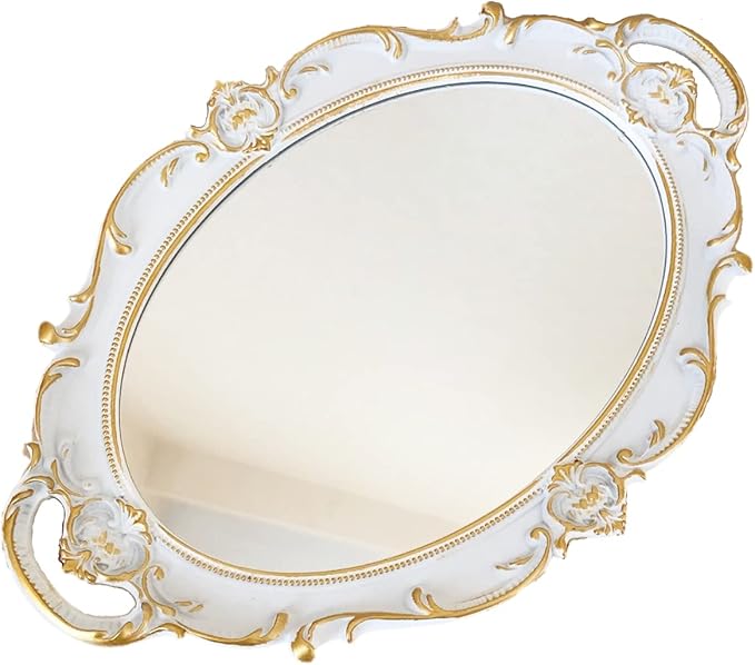 Schones Geschaft Decorative Mirror Tray, Makeup Jewelry Perfume Organizer, Vintage Oval Display and Serving Tray for Bedroom Living-Room Dresser Decor (14.6”x 9.8”) (White - Oval)