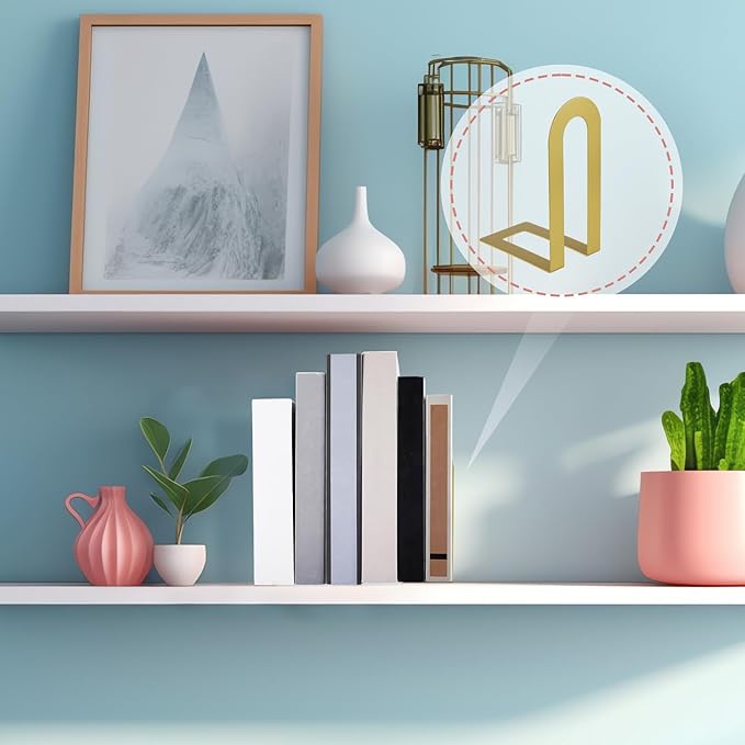 Chunful 4 Pcs Modern Metal Book Ends for Shelves Decorative Small Bookends Book Shelf Organizer Minimalist Design Stopper to Hold Books for Home Office (Gold,5.5 * 3.75 * 2.25inch)