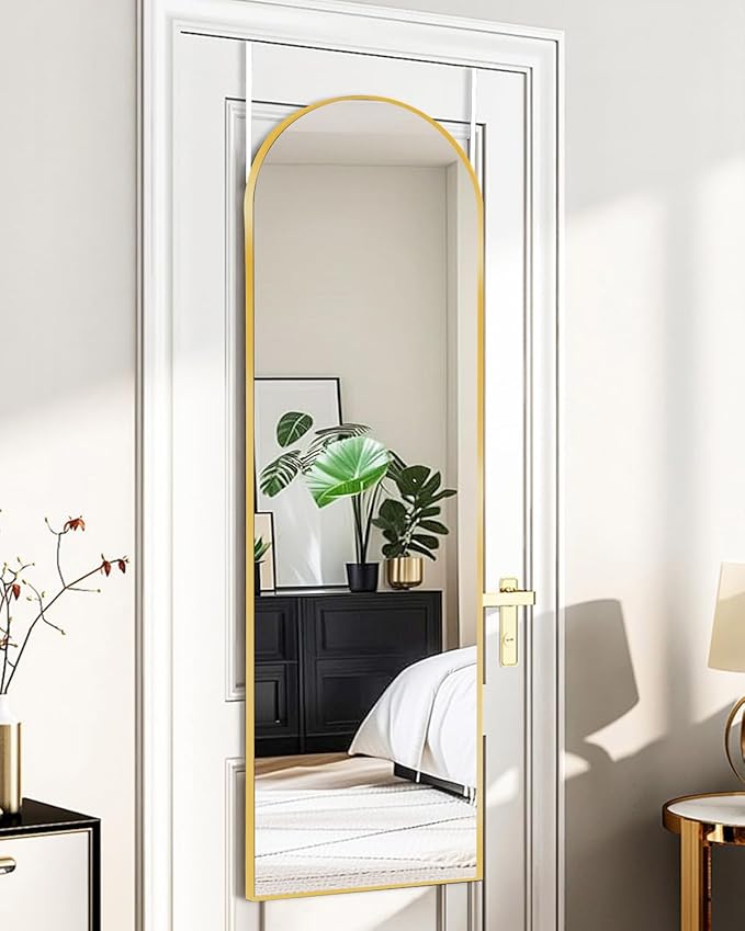 Arched Full Length Mirror, 48"x14" Gold, Tempered Shatterproof Glass & Aluminum Frame, Over Door or Wall Mounted, No Drill Installation for Bedroom, Bathroom, Closet, Entryway, Living Room Decor