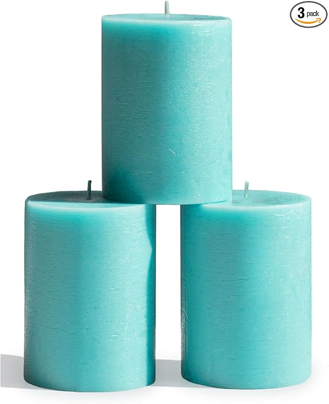 CANDWAX 3x4 inch Pillar Candles Set of 3 – Unscented Dripless Rustic Turquoise Candles for Home Styling, Weddings, Events