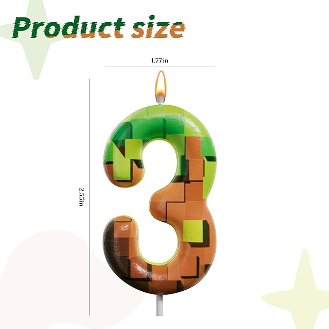 Pixel Miner Number Candle for Birthday Cake - 2.7 Inch Video Game Themed Party Decoration, Dynamite Style Cake Topper for Boys Girls Kids Anniversary Supplies(Retro Art, 3)