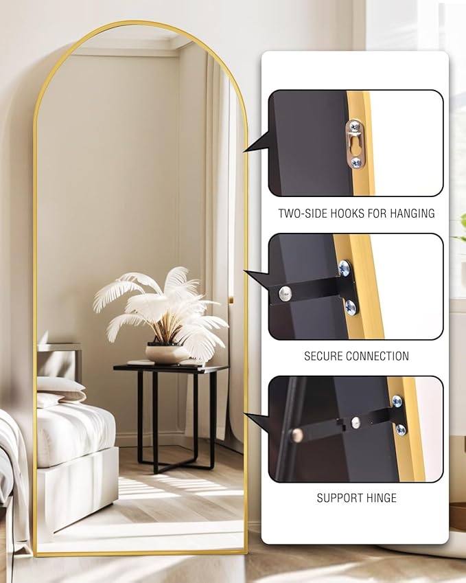 DMWOODFL 71"x26" Arched Full-Length Mirror with Explosion-Proof HD Glass - Oversized Floor or Wall-Mounted Full Body Mirror for Bedroom, Living Room, and Cloakroom (Gold)