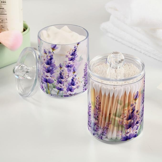 2 Pack Qtip Holder Dispenser for Cotton Ball Purple Lavender Cotton Swab Round Pads Clear Plastic Acrylic Jar Set Bathroom Canister