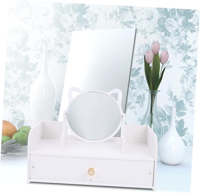 Cabilock Vanity Mirror with Storage Box Large Desktop Makeup Mirror PVC Cosmetics Organizer Non-Skid for Bedroom and Bathroom Use