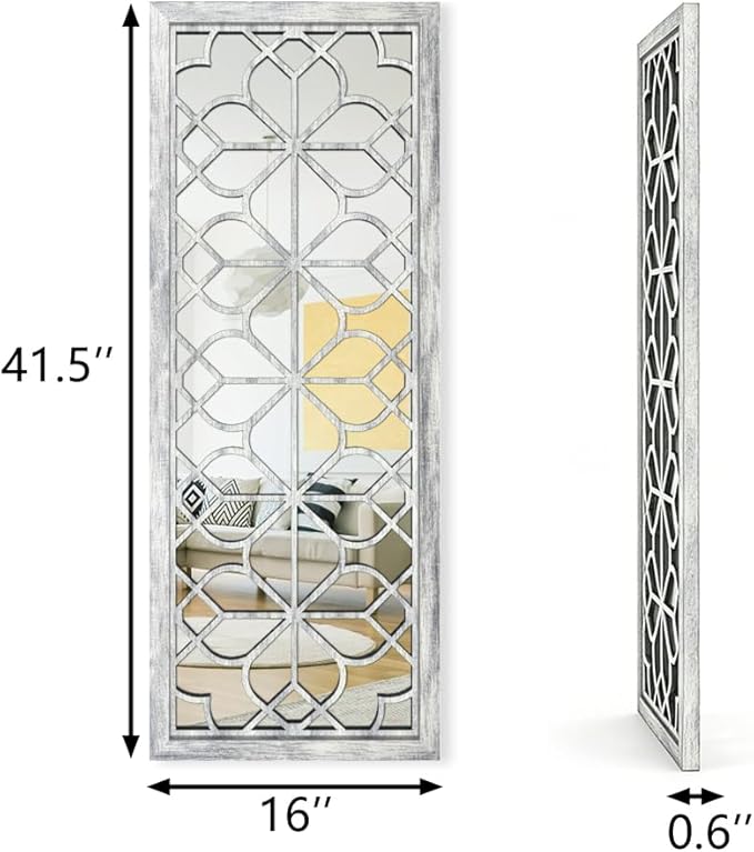 Set of 2 16x41.5 Inch Large Carved Floral Wood Frame Wall Mirrors, Shatterproof Boho Farmhouse Rustic Accent Mirrors for Living Room, Bedroom, Bathroom, Entryway & Home Wall Decor (Gray)