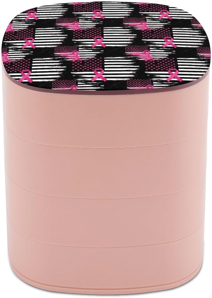 4-Layer Rotatable Jewelry Storage Tray with Mirror Breast Cancer Awareness Ribbon Pink American Flag Jewelry Organizer Earring Holder for Women
