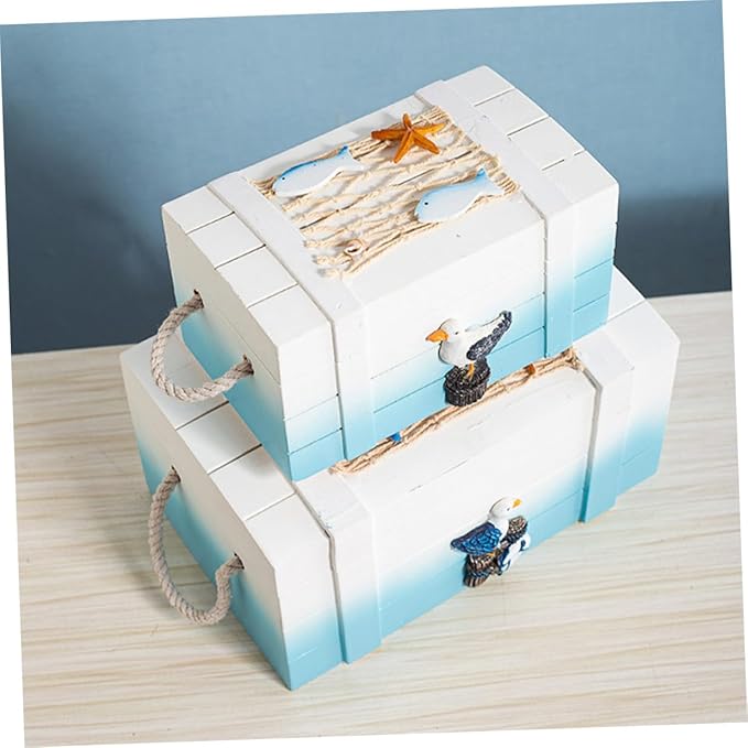 Alipis 2pcs Nautical Beach Jewelry Storage Boxes Wooden Keepsake Trunks Mediterranean Style Makeup Organizer Decorative Desktop Props for Home and Photography