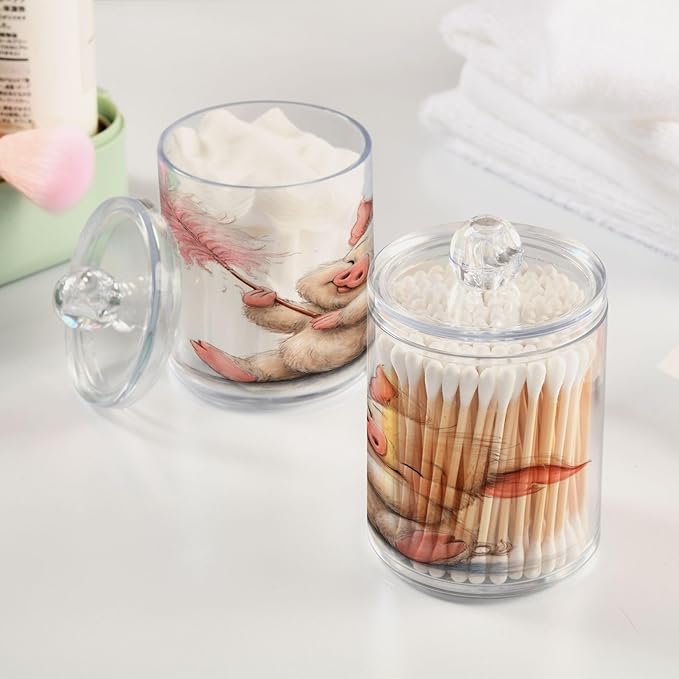 2 Pack Apothecary Jars,Cute Pig Sweet Bathroom Vanity Storage Organizer Set,Small Clear Plastic Storage Jars Bathroom Canister for Cotton Swabs,Rounds,Balls,Qtips,Makeup Sponges