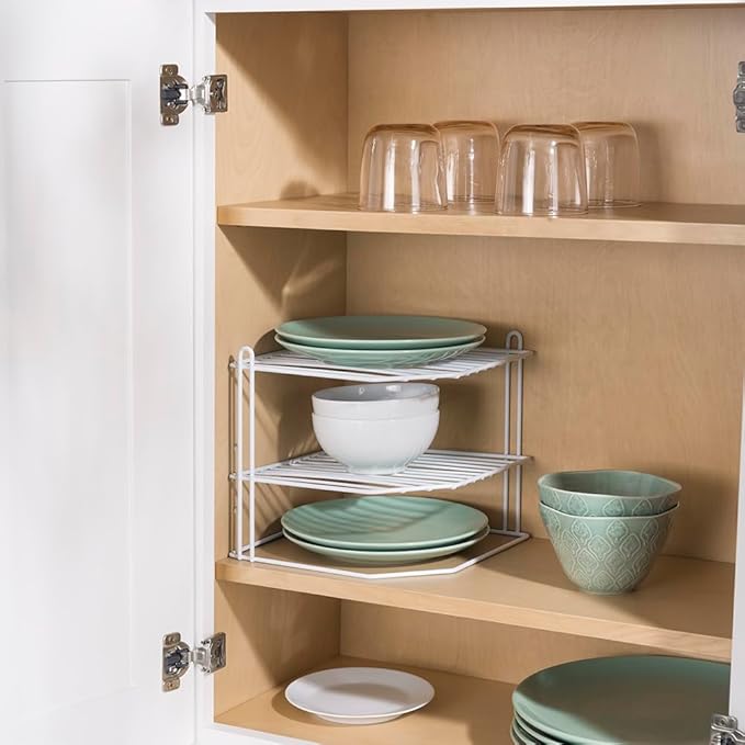 Home Basics Corner Rack, White, Vinyl Coated Steel, Rust Resistant, 2-Tier Shelf, Keeps Spices and Cups Organized, 9x9x8.5in