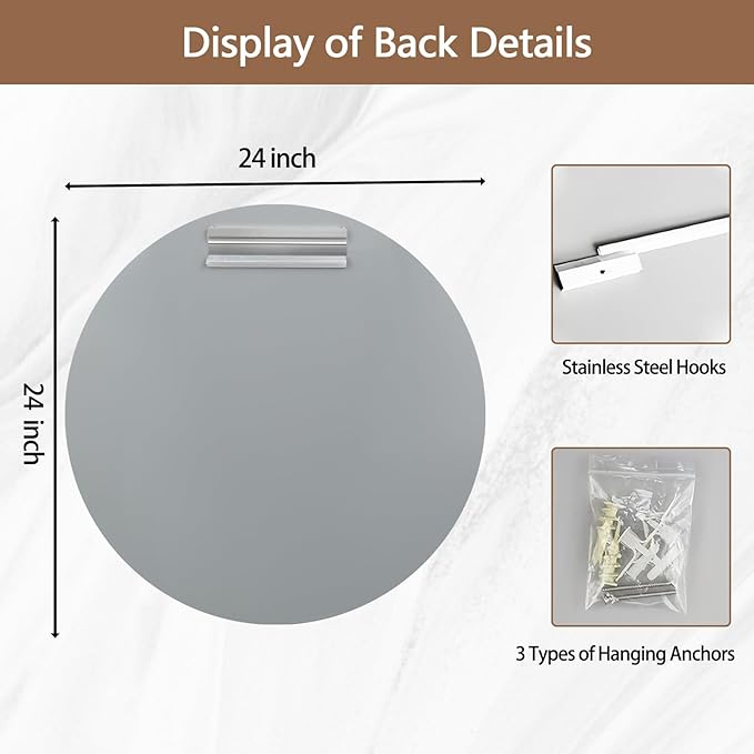 24 Inch Round Frameless Bathroom Mirror, Beveled Round Mirror, Circle Vanity Mirror with 1" Beveled Edge for Bathroom, Entryways, Living Room