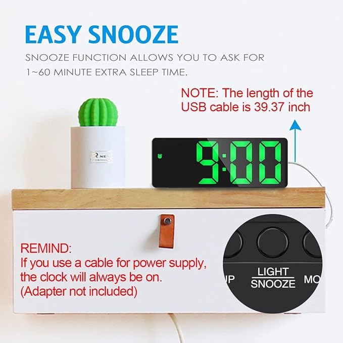 AMIR Alarm Clock, LED Clock for Bedroom, Electronic Desktop Clock with Temperature Display, Adjustable Brightness, 12/24H Display for Home (Plug Not Included)