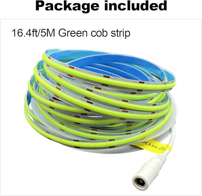 HAMRVL COB LED Strip Lights Green,DC12V 16.4ft/5M 320leds/M CRI90 Flexible LED Tape Lights 8mm, for Indoor Home Cabinet, Bedroom, Kitchen, Stage, Backlight DIY Lighting (Without Power Supply)