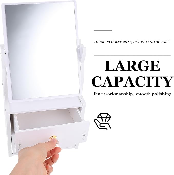 OSALADI Desktop PVC Makeup Mirror with Non-Skid Storage Box and Dual Drawers, Vanity Table Cosmetic Organizer for Bedroom and Travel Use
