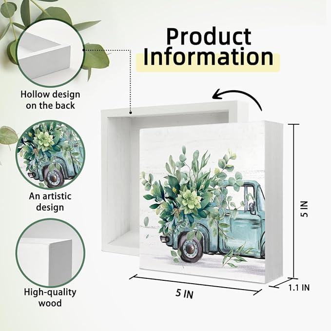 Farmhouse Spring Eucalyptus Leaves Wooden Box Sign Decor, Botanical Truck Wooden Block Plaque Sign Decoration for Shelf Table Farmhouse Tiered Tray Decor, 5x5
