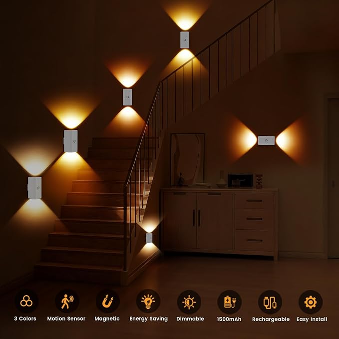 easuntec Rechargeable Motion Sensor Night Light Warm White, Wireless Dimmable, Magnetic Stick-on for Bedroom Stairs, Kids Elderly Baby, Long Lasting Battery for Cabinet, 2 Pack (Warm White, 2 Pack)