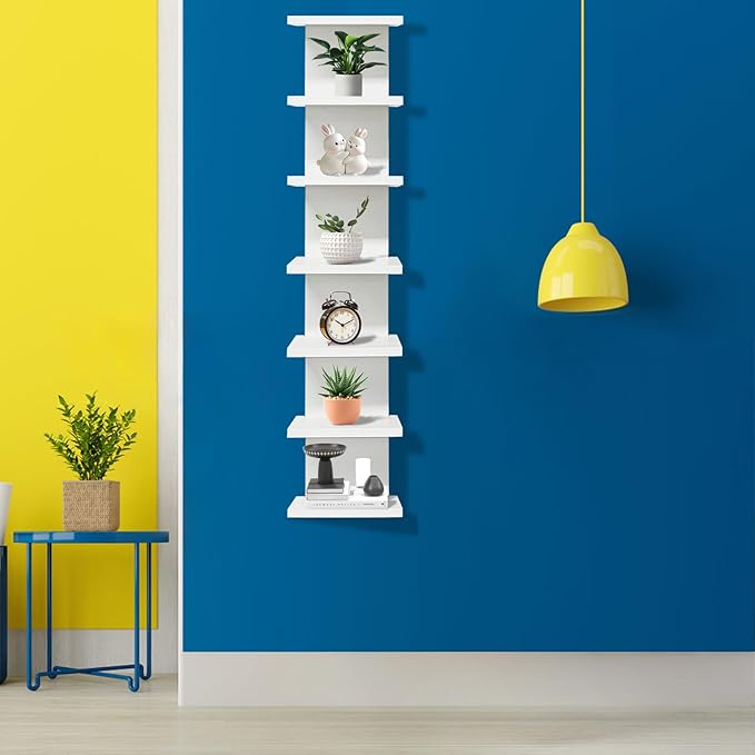 Eunika 7-Tier White Floating Wall Shelf, Tall Vertical Column Storage Organizer Modern Narrow Space Saving Design for Bedroom, Living Room, Home Decor & Display