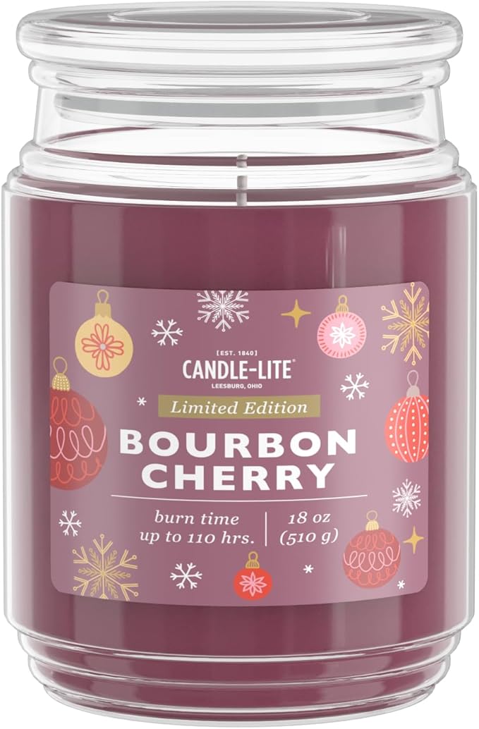 Candle-lite Holiday Scented Candles, Bourbon & Maraschino Cherry with Almond, 18 oz Single-Wick Jar, Proudly Poured in USA, Christmas Home Decor, 110 Hours of Burn Time, Holiday Gift for Men and Women