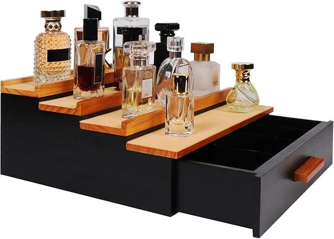Cologne Organizer for Men，4 Tier Wood Perfume Display Stand with Velvet Lining Drawer and Hidden Compartment ，Perfume Organizer for Men，Great Gift for Man (Black Walnut)
