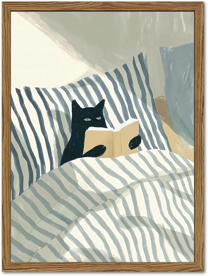 Funny Black Cat Wall Art Painting, Whimsical Cat in Stripe Bed Reading Wall Decor, Cute Animal Book Lover Blue and White Poster Canvas Prints for Bedroom Living Room 12x16 inch Wood Framed