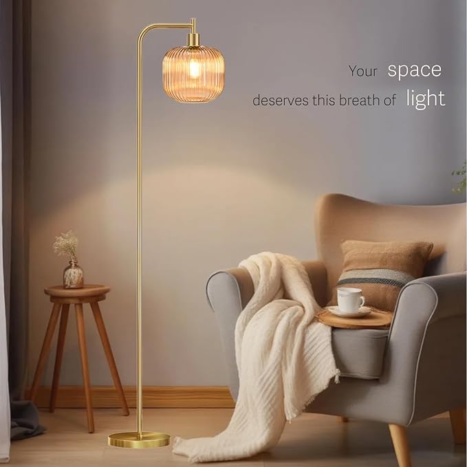 Mid Century Modern Floor Lamp, 67" Tall Standing Lamp with Transparent Amber Glass Shade, Vintage Gold Floor Lamp for Living Room Bedroom, Stable 6.2lbs Weighted Base, ST64 LED Bulb Included