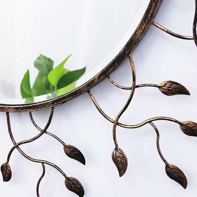 Chende Round Decorative Mirror for Wall Decor, 39" x 39" Large Living Room Mirror with Removable Metal Leaves for Entryway, Home Office, Bedroom,Farmhouse