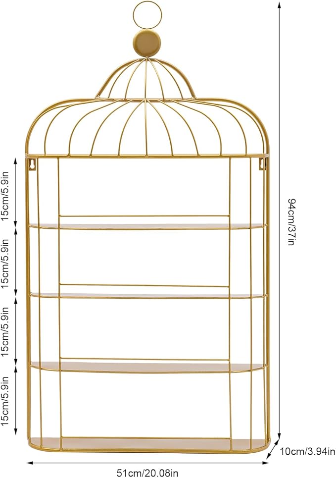 4-Tier Nail Polish Wall Racks 20 * 37 Inch Hold Up to 200 Bottles Birdcage Iron Nail Polish Shelf Organizer Wall Mounted 4 Rows (Gold)