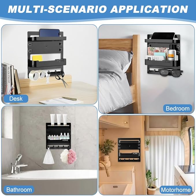 Bedside Shelf Wall Mount and Wall Nightstand for Bedroom,Adhesive Nightstand Wallshelf with 5 Hooks,Wall Mount Shelf Organizer for Charging Station and Remote Control Holder(Black)