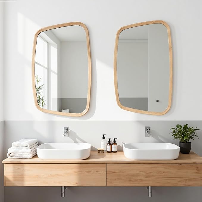 20"x31" Irregular Wood Mirror, Nature Asymmetrical Wall Mirror for Bathroom, Modern Farmhouse Vanity Mirror for Bedroom Living Room Washroom Entryway