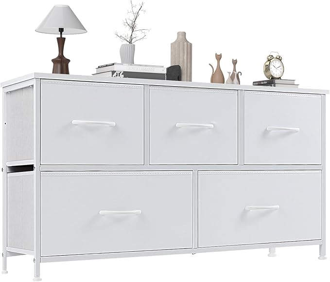 OLIXIS 5 Drawer Dresser for Bedroom, Fabric Storage Tower with Wooden Top and Metal Frame, Dresser Organizer for Living Room Closet Entryway,White