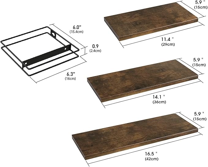 J JACKCUBE DESIGN Torched Wood Floating Shelves, Set of 3 Wall Mounted Hanging Shelves with Black Wire Frames for Bedroom. Living Room, Kitchen, Bathroom and Office - MK696B