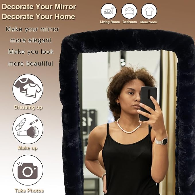 Fluffy Mirror Cover - 59"x16" Full Length Ultra Soft Non-Slip Cover Universal Stretch Cover Warm Home Decor for Bedroom Cloakroom (Black-Without Mirror)