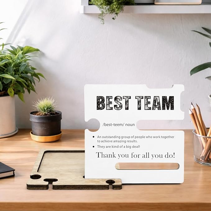 Team Appreciation Gifts for Coworker - Multi-functional Desk Organizer - Motivational Best Team Office Quote Wooden Sign for Office Desk Shelf Decor